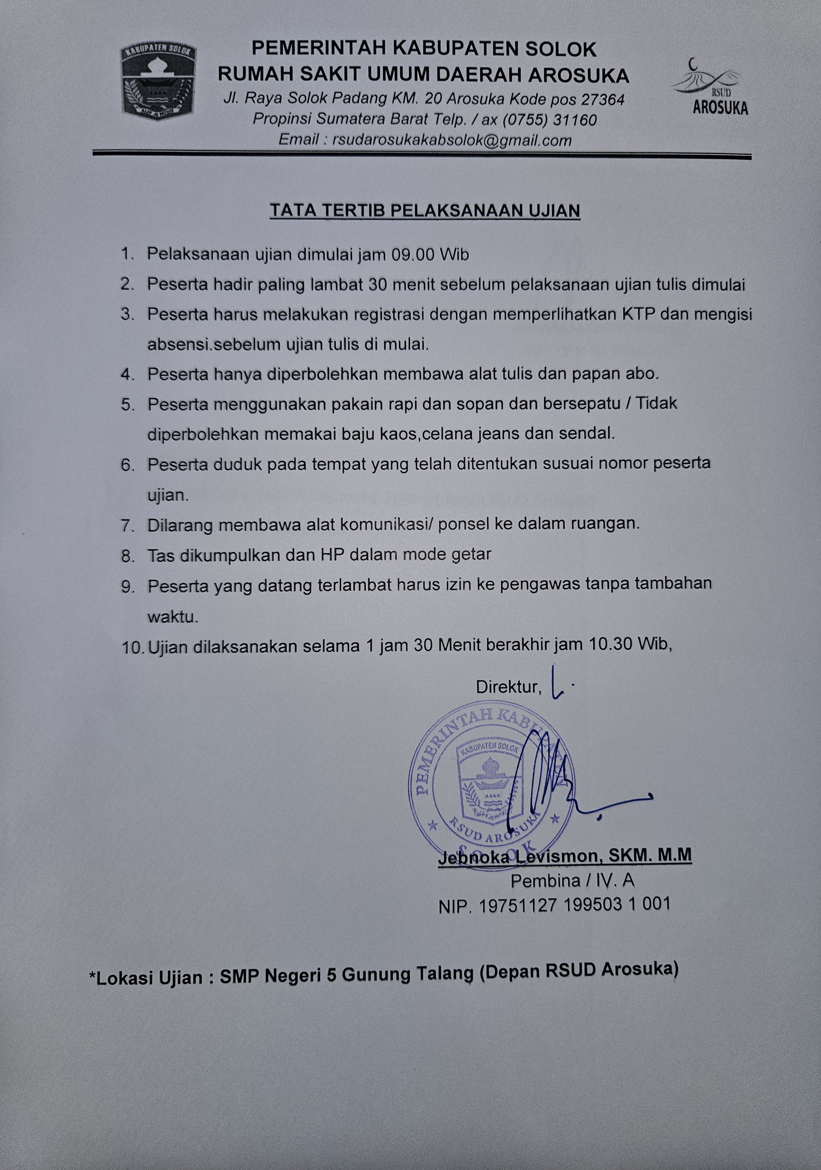 Pengumuman Peserta Ujian Tulis Rekrutmen BLUD RSUD Arosuka