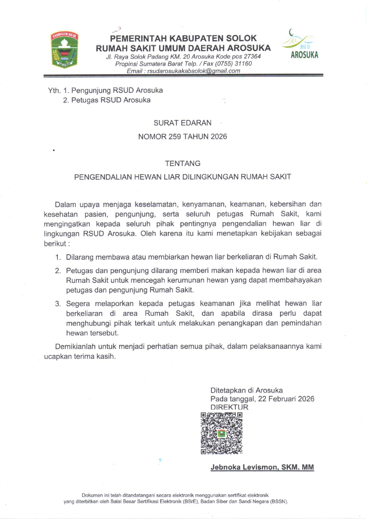 Surat Edaran Pengendalian Hewan Liar Di Lingkungan Rumah Sakit